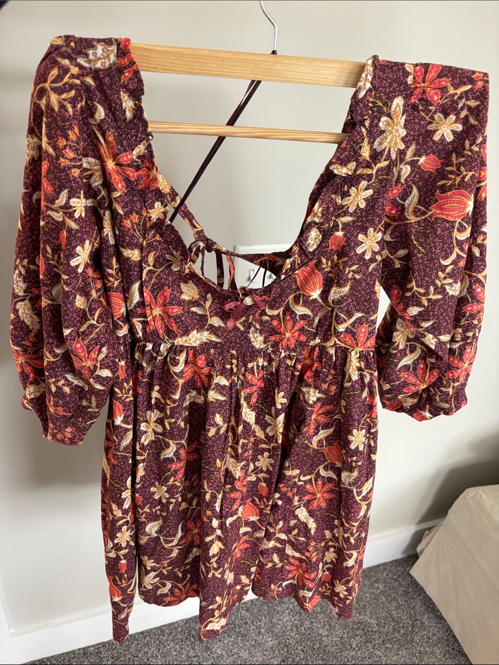 Free People Burgundy Floral Scoop-Back Mini Dress